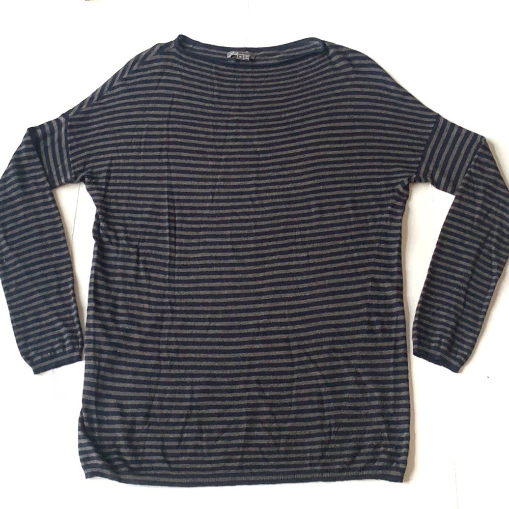 VINCE Wool Gray & Blue Striped Sweater | Soft Lightweight Knit | Size M